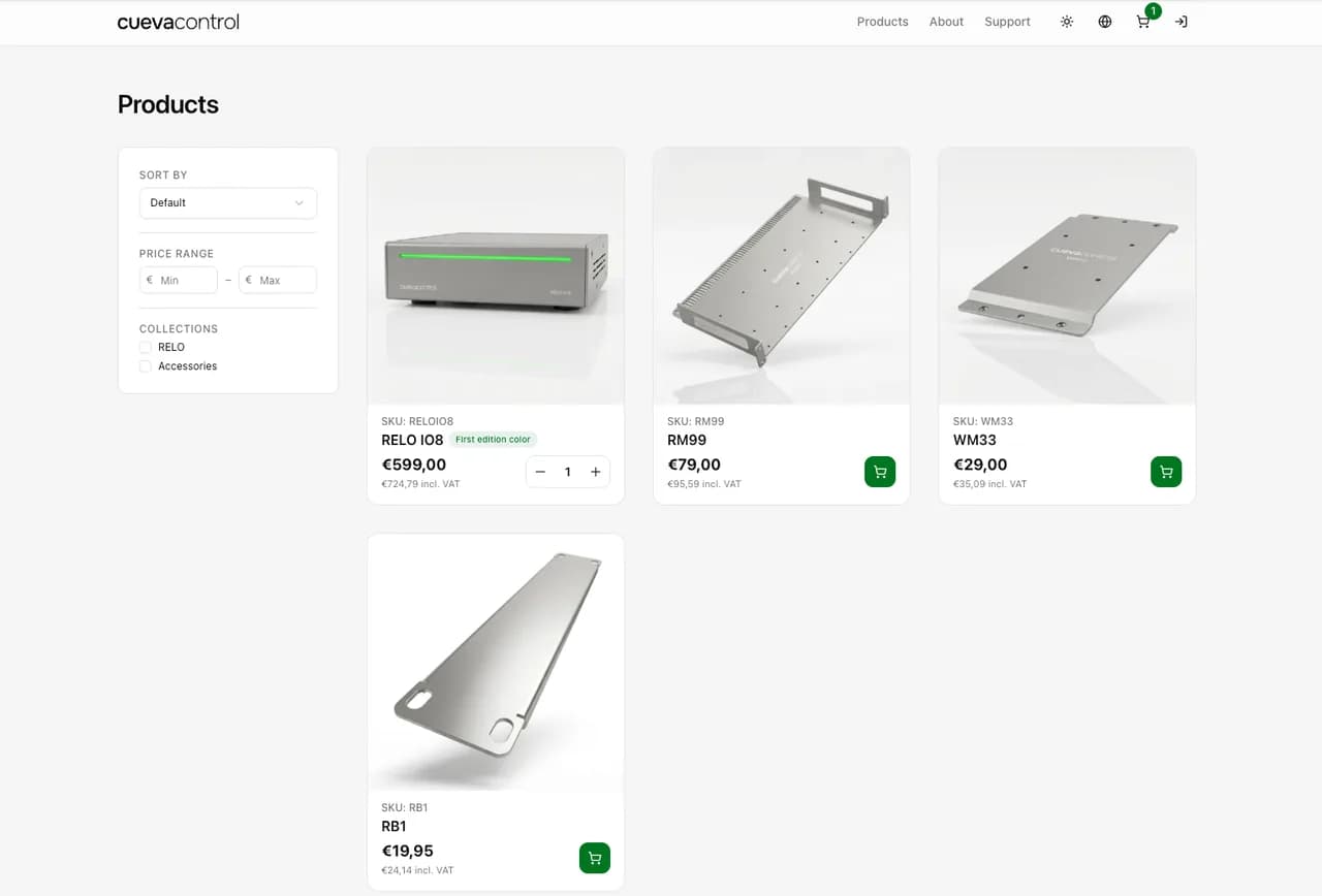 Screenshot of the Cueva Control Store website